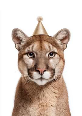 Cougar wearing a party hat