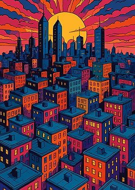 Colorful Cityscape at Sunset
