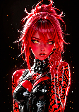 Red-skinned woman in black latex outfit