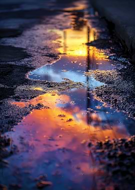 Sunset Reflection in Puddle