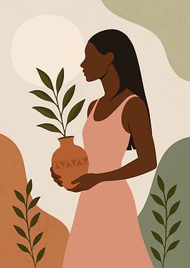 Woman with Plant in Vase Illustration