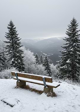 Snowy Mountain View with Bench