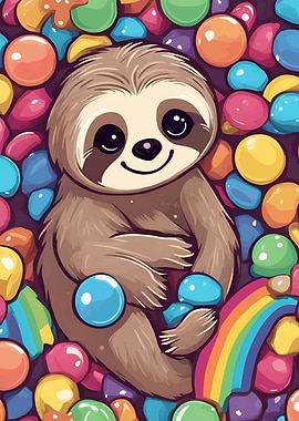 Colorful Cartoon Sloth With Candies