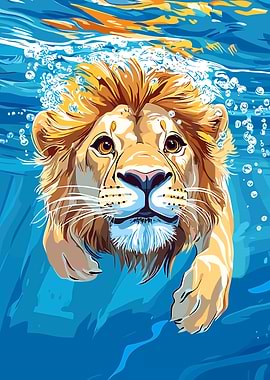 Lion swimming underwater illustration