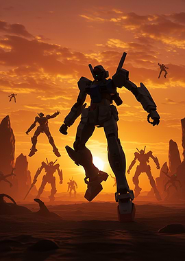 A robot central stands tall amid a sunset landscape with smaller robots and rock formations