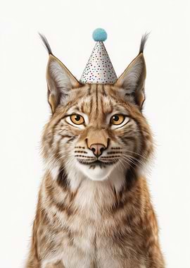 Lynx with Birthday Hat Portrait
