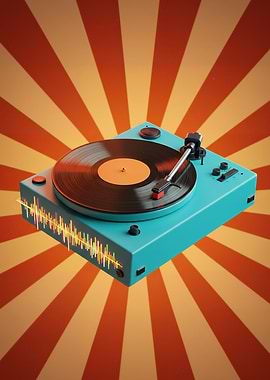 A turntable is featured in the foreground with a retro radial pattern in orange and white serving as its backdrop