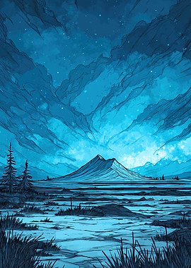 Blue Mountain Landscape with Cloudy Sky