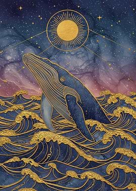 Whale in Ocean with Golden Sun