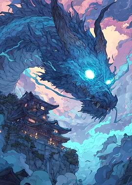 Azure Dragon Overlooking Japanese Temple