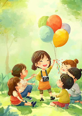 Children with Balloons in a Park