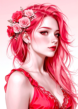 Red-haired woman with roses in hair