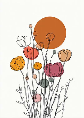 Minimalist Floral Art with Sun