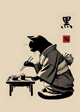 Cat in Kimono Eating Sushi
