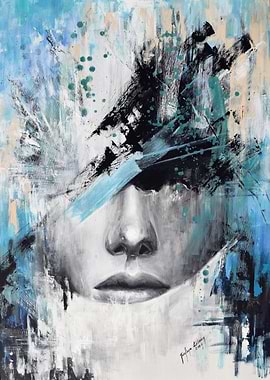Abstract Portrait Painting in Blue and Black