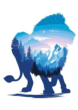 Lion Silhouette with Mountain Landscape