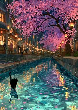 Anime landscape with Black Cat, Tokyo street