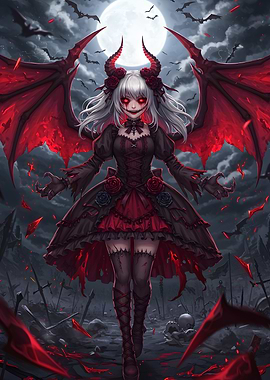 Gothic Devil Girl with Red Wings