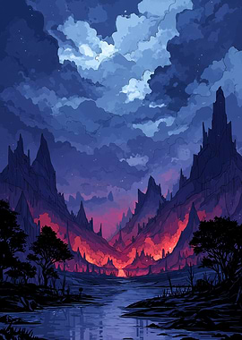 Night Landscape with Mountains and Water