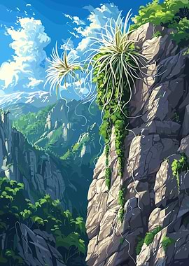 Cliffside Landscape with Plants and Mountains