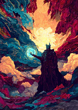 Sorcerer Using Magic in Fantasy Landscape