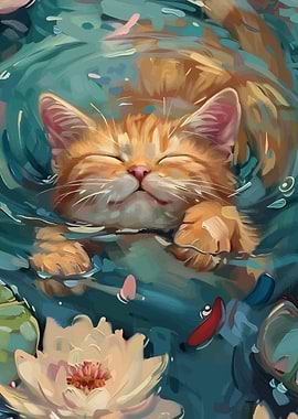 Content Cat in Water Painting