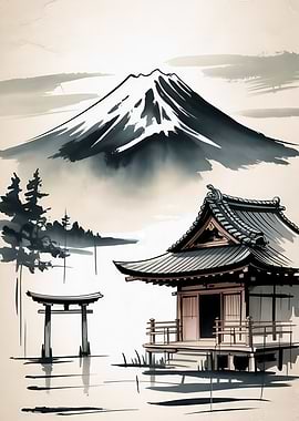 Japanese Landscape with Mount Fuji