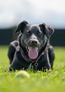 Happy Black Dog with Tennis Ball