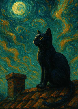 Midnight Muse: Black Cat Beneath a Swirling Cosmic Sky