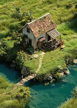 Riverside Cottage with Wooden Bridge