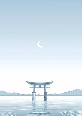 Minimalist Torii Gate Wall Art – Anime Japanese Landscape Poster in Soft Blue