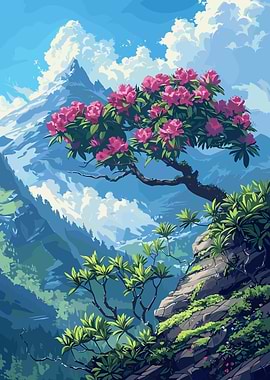 Mountain Landscape with Pink Flowers