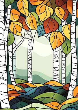 Autumn Birch Forest Stained Glass Style