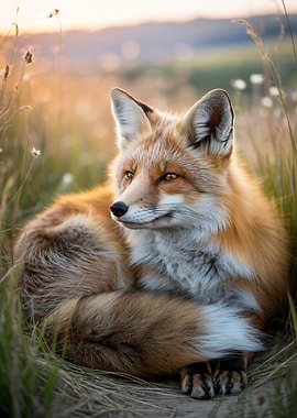 Resting Red Fox in Grassy Field