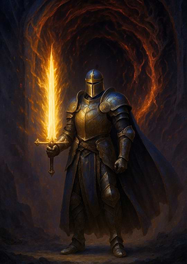 Armored Holy Knight with Flaming Sword