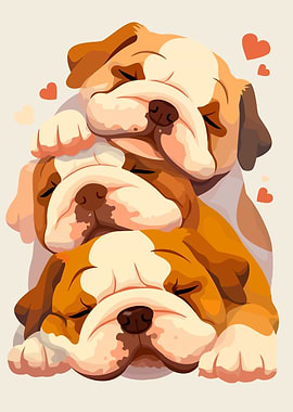 Sleeping Bulldog Puppies Cute Minimalist Art Illustration