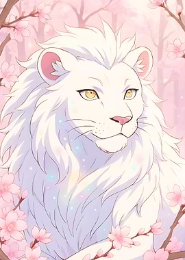 White Lion with Cherry Blossoms