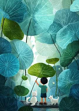 Boy and Dogs in Lotus Pond