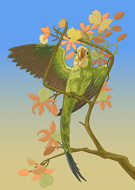 Parrot on Branch with Flowers