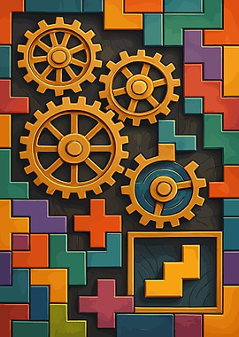 Gears and Tetris Blocks Illustration