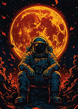Contemplative Astronaut with Fiery Planet