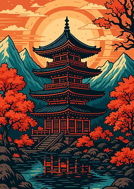 Japanese Pagoda Landscape Art