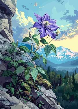 Purple Clematis Flower on Mountain Cliff