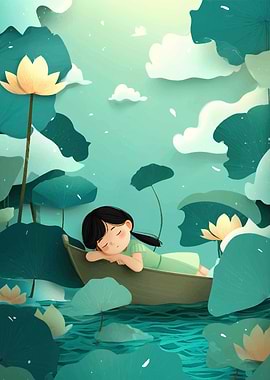 Girl Sleeping in Boat Among Lotus