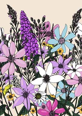 Floral Pattern with Purple and Pink Flowers