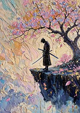 Samurai Contemplation Under Cherry Blossom Tree