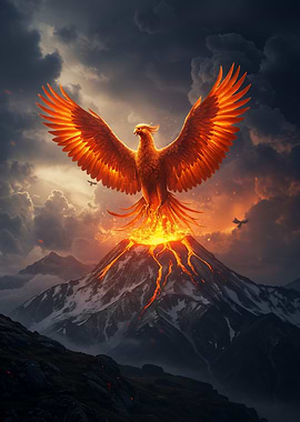 A fiery phoenix rises above a volcano amidst dark clouds and snowcapped mountains