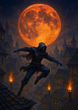 Rooftop Assassin Under a Blood Moon