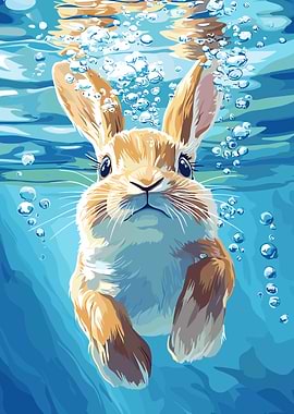 Rabbit underwater with bubbles illustration