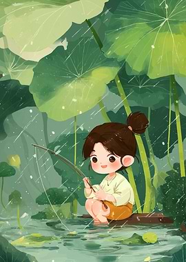 Girl Fishing in the Rain